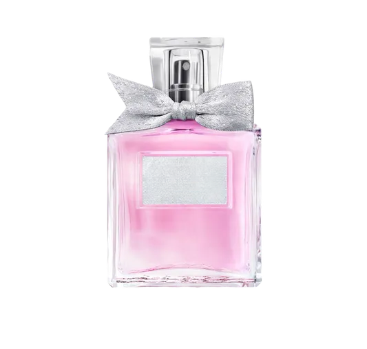 Empty decorative glass bottle with pink hue and silver bow, perfect for home decor