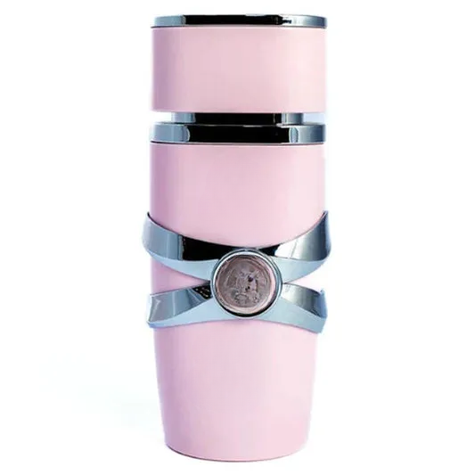 Pink decorative empty bottle with chrome bands and emblem, home decor accent piece