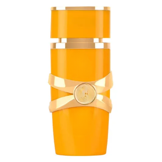 Orange decorative empty vase with gold bands and medallion, home decor accent piece