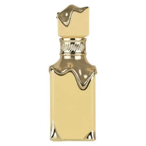 Decorative empty gold-toned bottle with melted wax design, stylish home decor accent