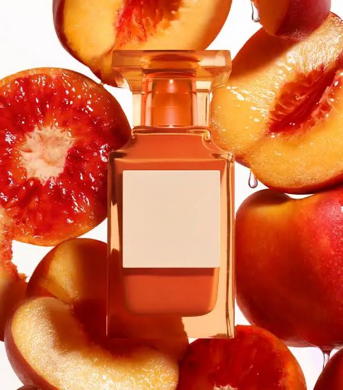 Empty decorative glass bottle surrounded by fresh peach slices, ideal for home decor
