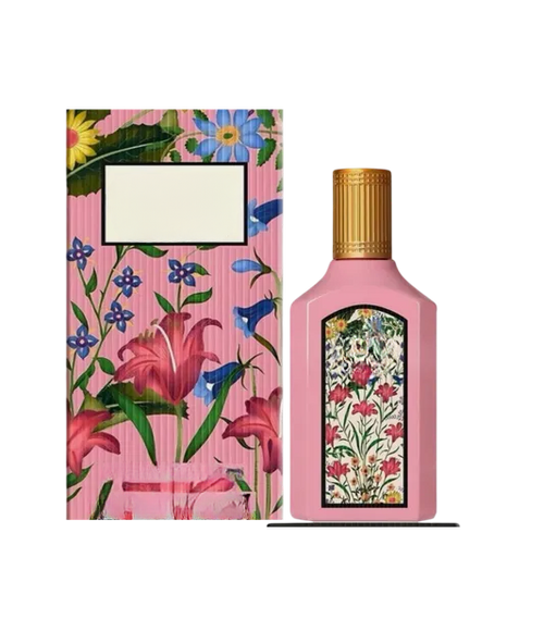 Empty decorative pink floral bottle with gold cap, ideal for home decor