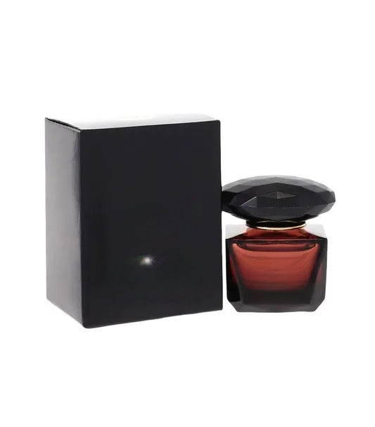 Empty decorative glass bottle with faceted black lid, ideal for home decor, shown with black box