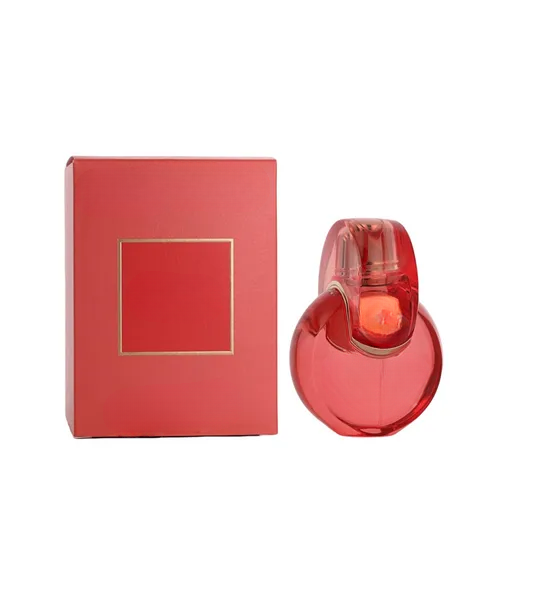 Red decorative glass bottle with matching box, empty home decor accent piece