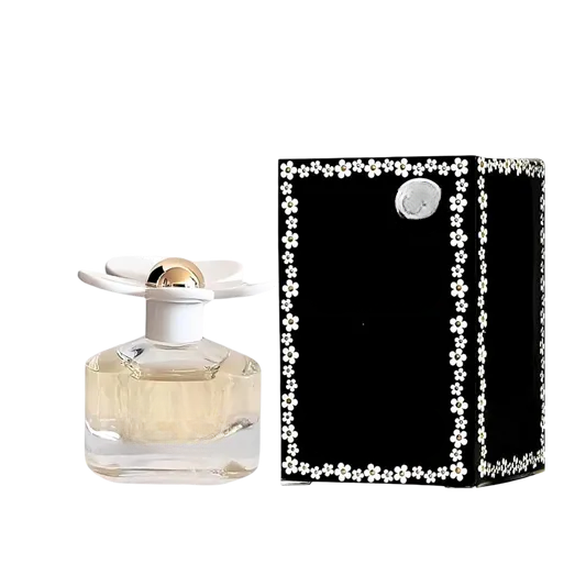 Empty decorative glass bottle with floral cap, black box with white flower trim, home decor