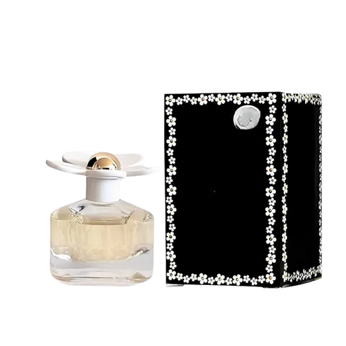 Empty decorative glass bottle with floral cap, black box with white flower trim, home decor