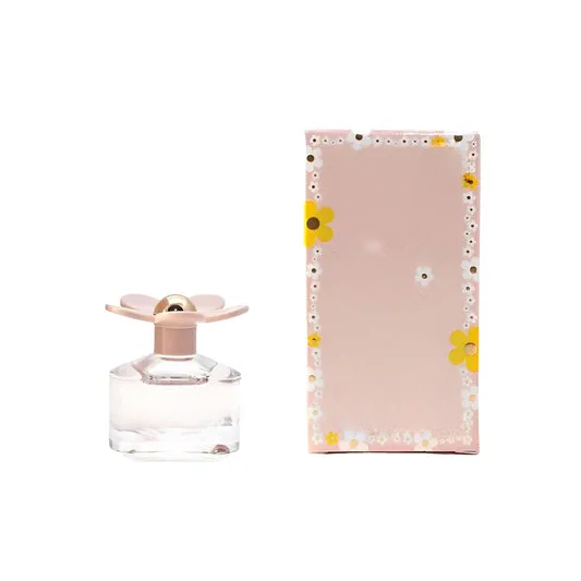 Empty decorative glass bottle with flower cap, pink floral box, home decor