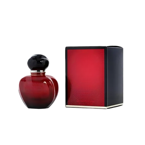 Empty decorative red glass bottle with black cap, stylish home decor accent