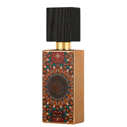 Decorative empty glass bottle with ornate mandala design, black wood cap, gold accents for home decor