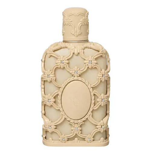 Elegant beige decorative empty bottle with floral lattice design and crystal accents for home decor