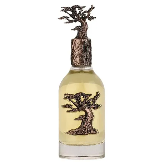 Decorative empty glass bottle with tree design, ideal for home decor, featuring metallic tree cap and embossed motif
