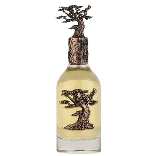 Decorative empty glass bottle with tree design, ideal for home decor, featuring metallic tree cap and embossed motif