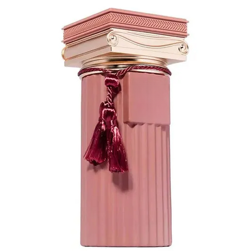 Pink decorative column vase with gold trim and burgundy tassels, empty home decor accent piece