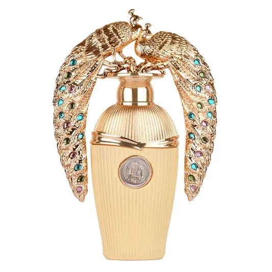 Decorative gold vase with peacock wings and gemstones, empty home decor accent piece