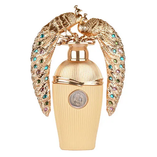 Decorative gold vase with peacock wings and gemstones, empty home decor accent piece