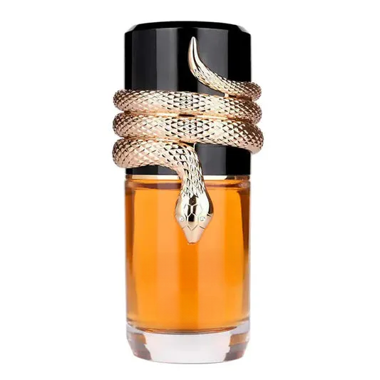 Decorative empty glass bottle with gold snake wrap, elegant home decor accent
