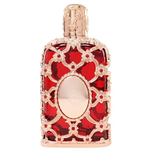 Empty decorative red glass bottle with cap, no liquid, for home decor