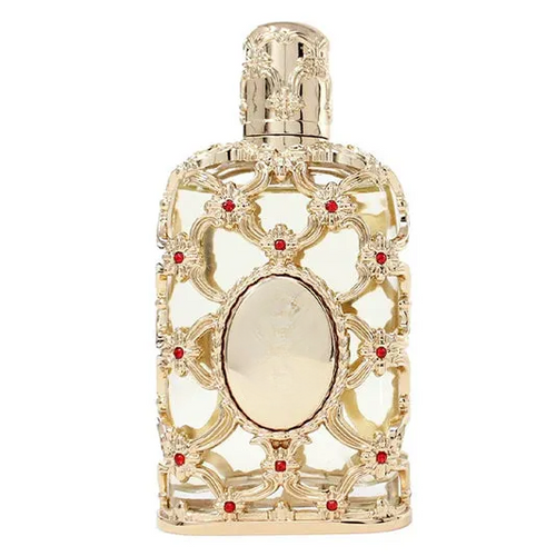 Elegant gold decorative empty bottle with red gem accents, ornate lattice design for home decor