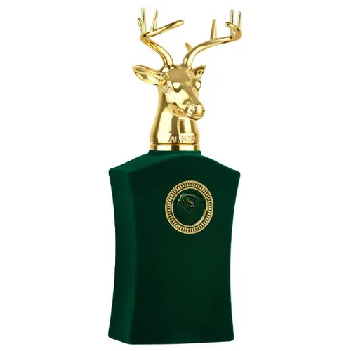 Empty decorative green bottle with gold deer head stopper for home decor