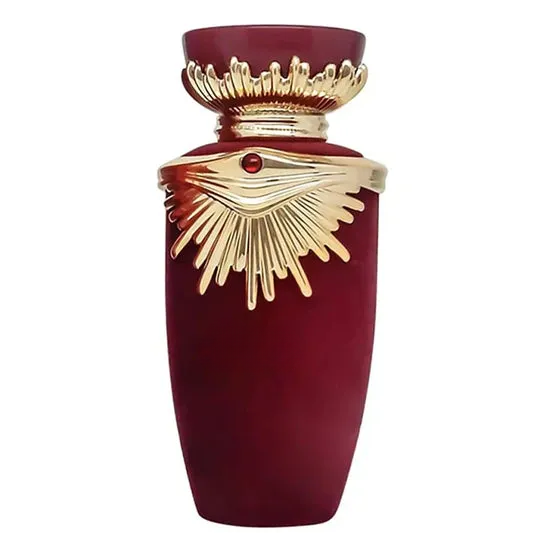 Elegant burgundy decorative vase with gold sunburst accents, empty home decor piece