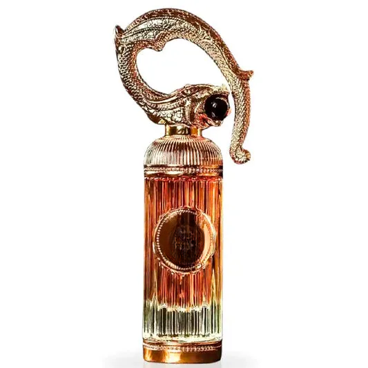Decorative empty glass bottle with ornate dragon handle, gold accents, and ribbed design for home decor