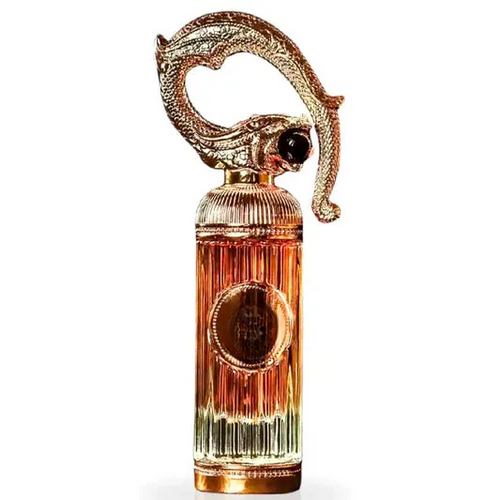 Decorative empty glass bottle with ornate dragon handle, gold accents, and ribbed design for home decor
