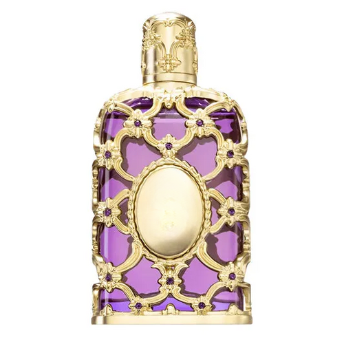 Decorative purple glass bottle with gold filigree, empty ornate vase for home decor