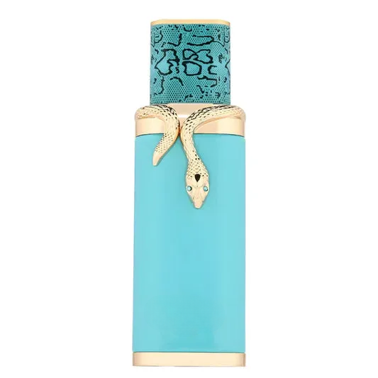 Decorative empty turquoise bottle with gold snake accent, home decor vase