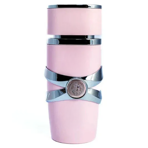 Pink decorative empty bottle with chrome bands and emblem, home decor accent piece