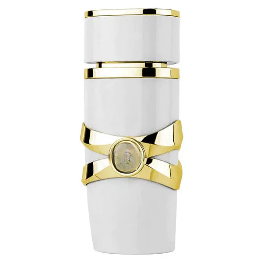 Elegant white decorative vase with gold accents and cameo detail, empty home decor piece