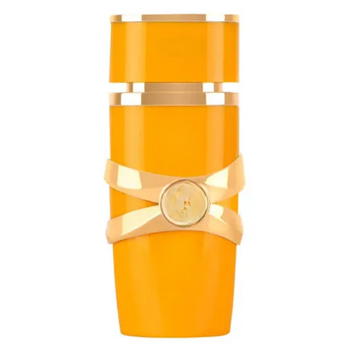 Orange decorative empty vase with gold bands and medallion, home decor accent piece